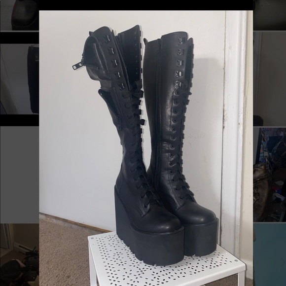 Dollzkill platform knee high combat boots with zipper compartments- - Picture 3 of 5